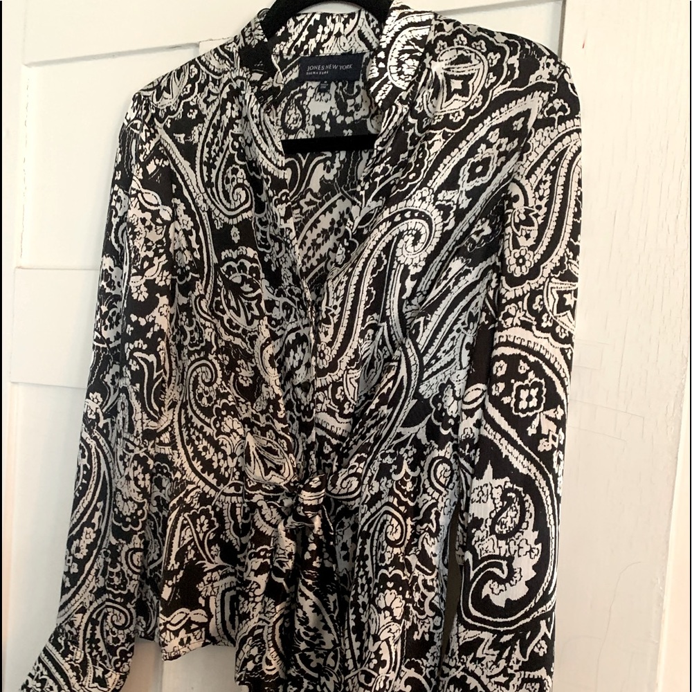 Satin long sleeve Blouse, Black/White print Wrap Around with button side close